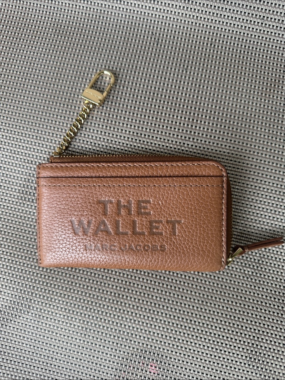 Marc Jacobs Brown Pebbled Leather Zip Card Holder with Gold Chain